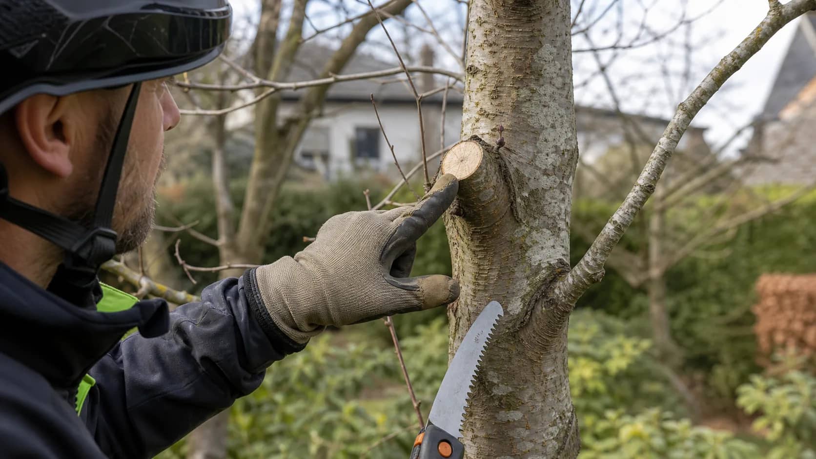 Boomverzorger wijst naar een verse snoeisnede met een handzaag naast de stam